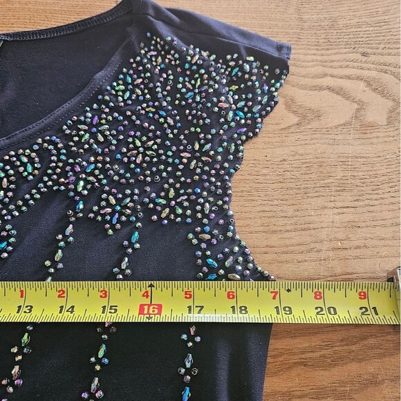 Navy Embellished Scoop Neck Blouse Cap Sleeve Lightweight Top Women’s Large L - Picture 5 of 6